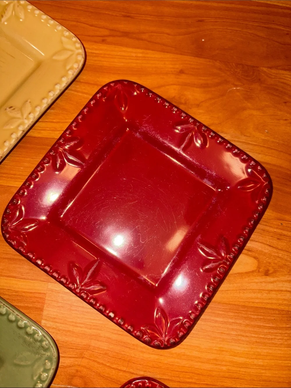 Square Ceramic Dessert Plate Set in Red, Green, Yellow & Cream - Home Dining